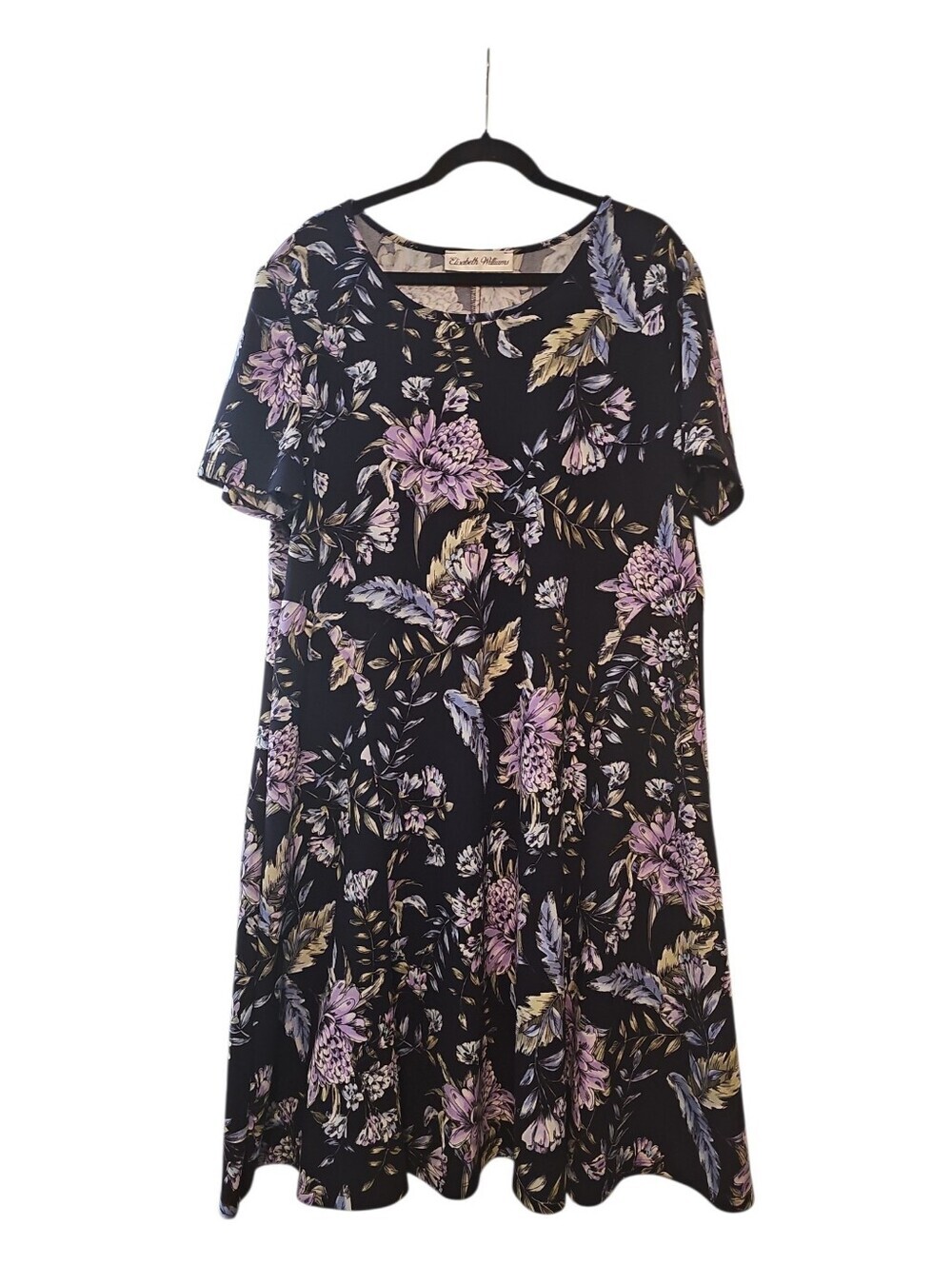 Elizabeth Williams Butter Soft Floral A-Line Dress - Navy with Lavender Blooms